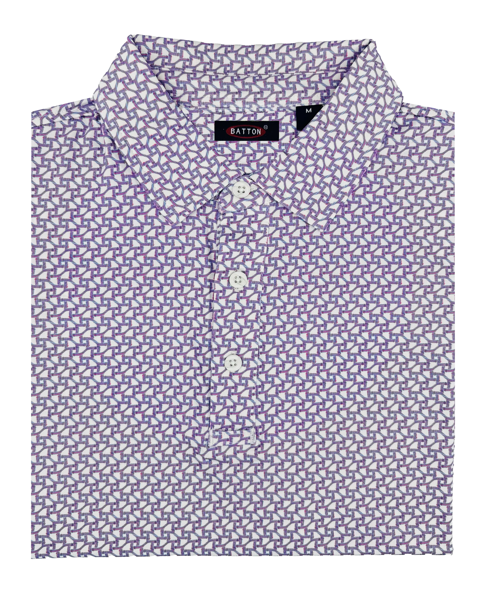 Purple patterned shirt with a brand label on a white background