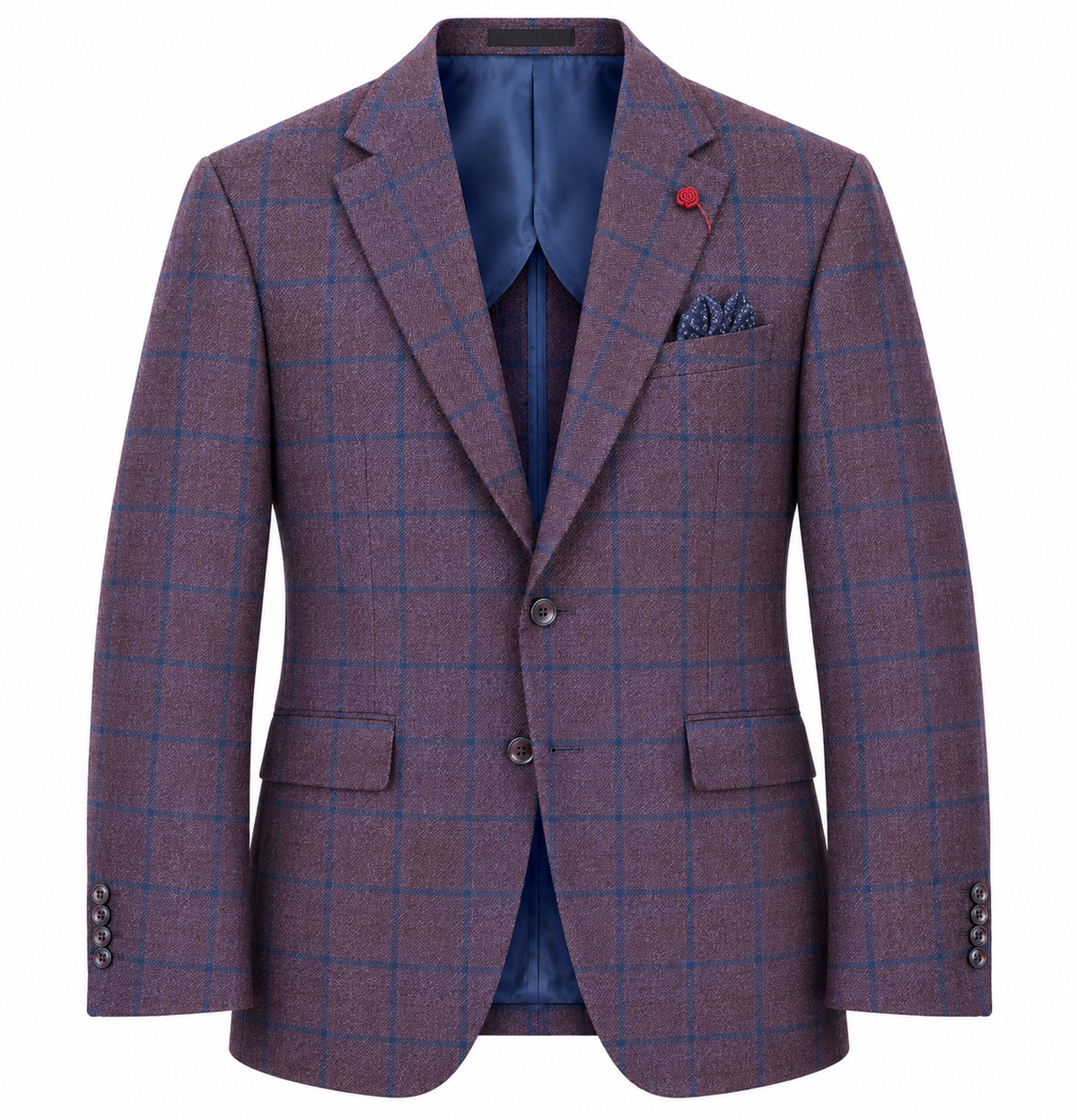 A TailoRed Maroon Navy Windowpane Wool Sport Coat for men, crafted from luxurious Italian fabric and featuring a blue lining, two front flap pockets, a notched lapel with a red lapel pin, displayed against a white background.