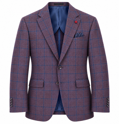 A TailoRed Maroon Navy Windowpane Wool Sport Coat for men, crafted from luxurious Italian fabric and featuring a blue lining, two front flap pockets, a notched lapel with a red lapel pin, displayed against a white background.