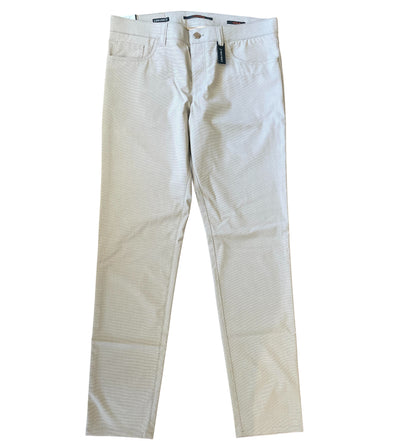 The Alberto Ceramica Pipe 1351 slim-fit pants by Alberto, in light beige stretch fabric, feature front and back pockets, belt loops, and a button-zip closure; shown on a white background.