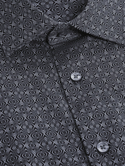 Close-up of the Bugatchi James Geometric Sport Shirt (HF9027K60) in black and white, showcasing its geometric square pattern, two buttons, and a partial view of the collar.
