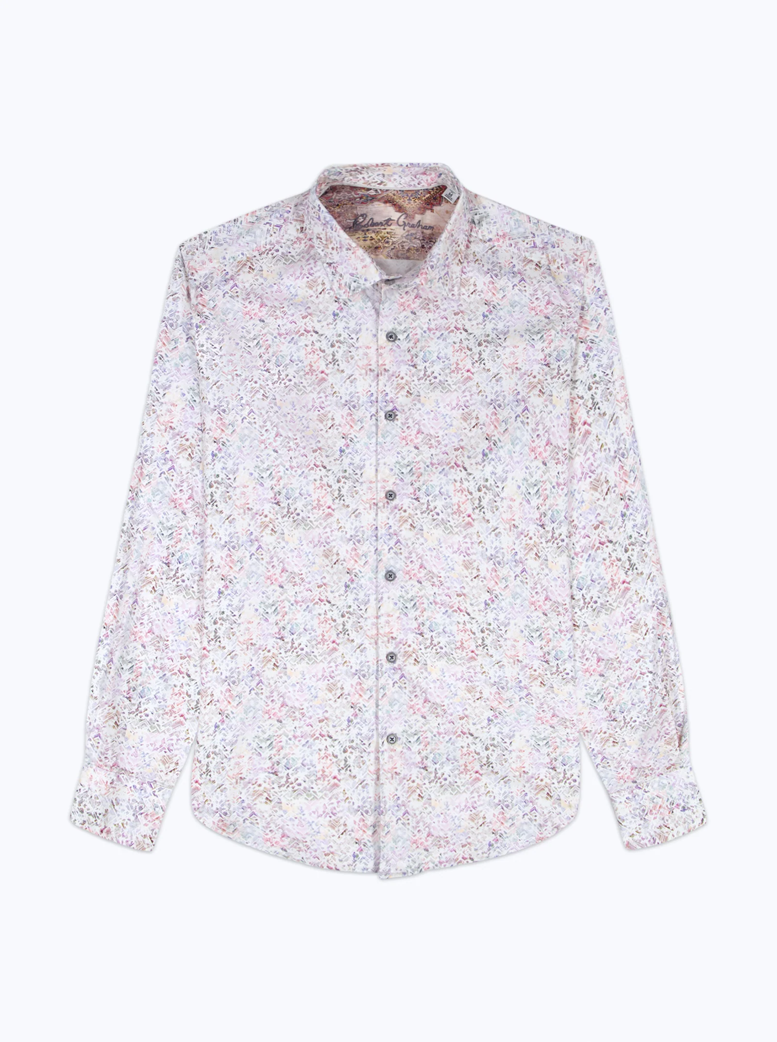 Robert Graham LiverPool Long Sleeve Shirt Big & Tall, featuring a light pastel floral pattern, single chest pocket, and classic collar, laid flat on a white background.