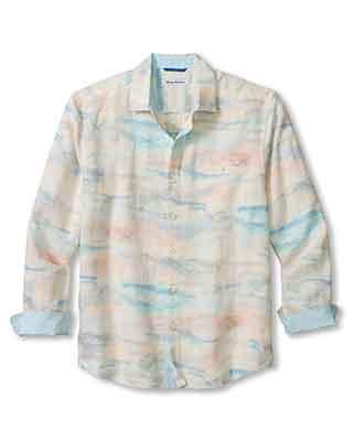 The Tommy Bahama Coral Cove Long Sleeve Shirt Big & Tall features soft TENCEL Lyocell and a pastel watercolor pattern in light blue, beige, and peach tones.