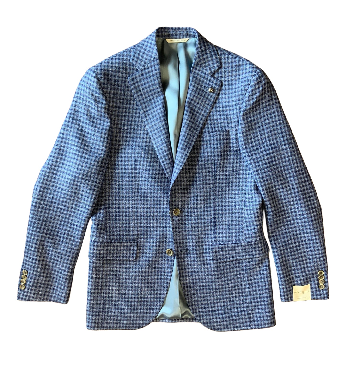 The Jack Victor Sport Coat Conway 1251417 by Jack Victor is a blue and brown checkered blazer with two buttons, front pockets, and a light-colored lining, displayed flat on a white background.