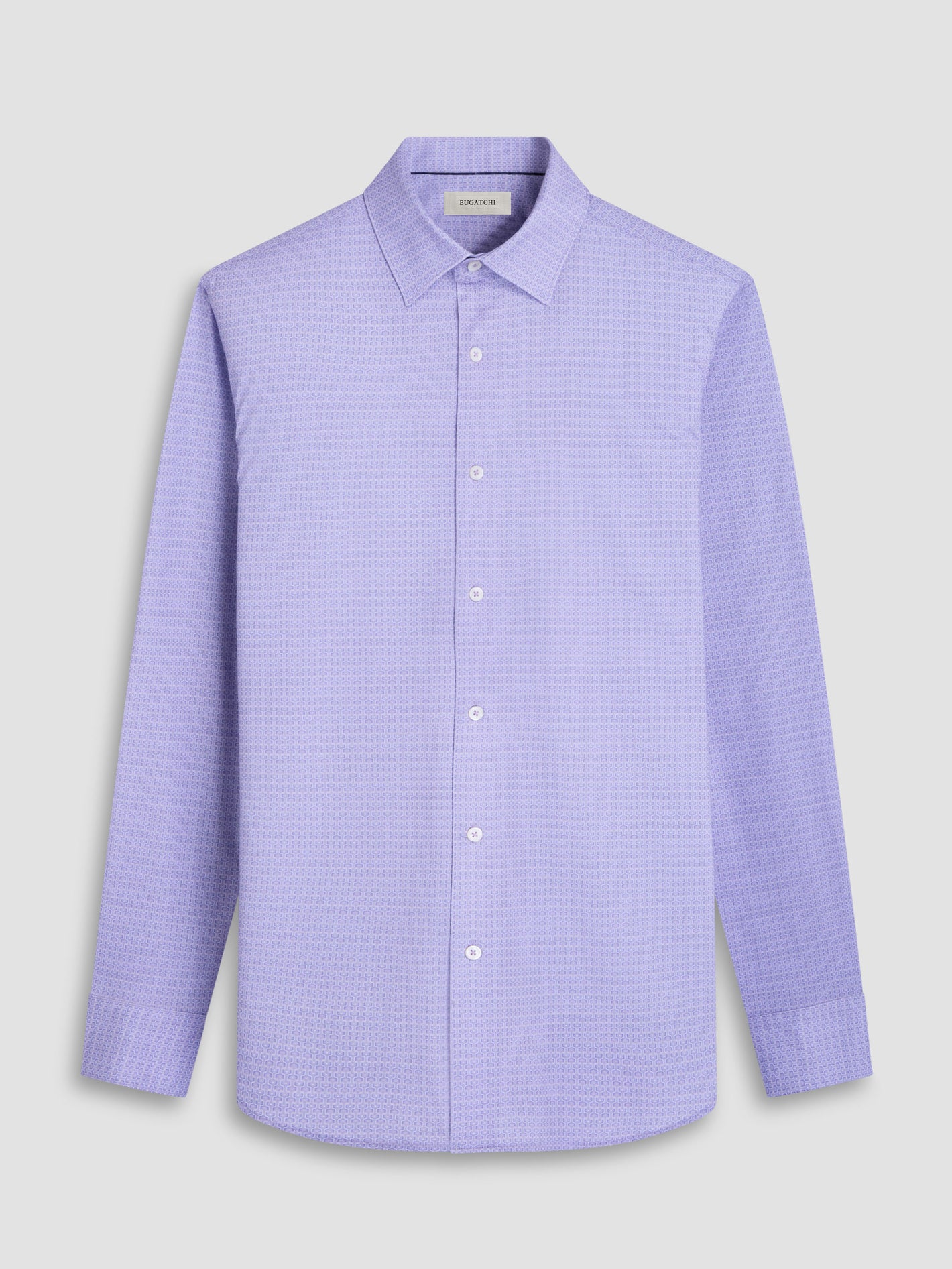 The Bugatchi James Sport Shirt Lilac GF9359K60 by Bugatchi is a long-sleeve, button-up premium cotton shirt in lilac with a subtle textured pattern, displayed on a plain light background.