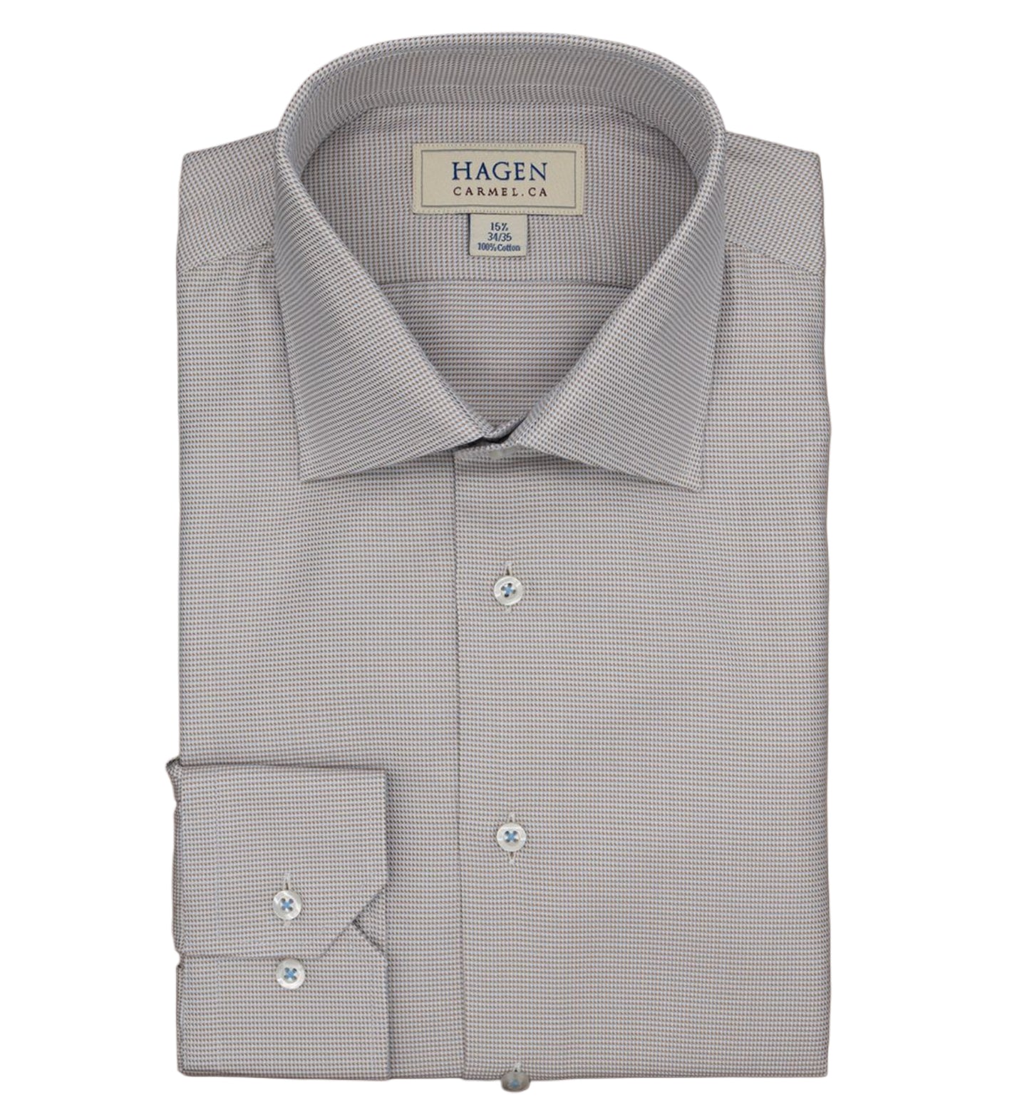 A folded, long-sleeve dress shirt in light gray with a small grid pattern, buttoned at the front and labeled “Hagen” on the inside collar—crafted from premium cotton; this is the Hagen Micro Check Shirt MB5604232, perfect for your formal wardrobe.