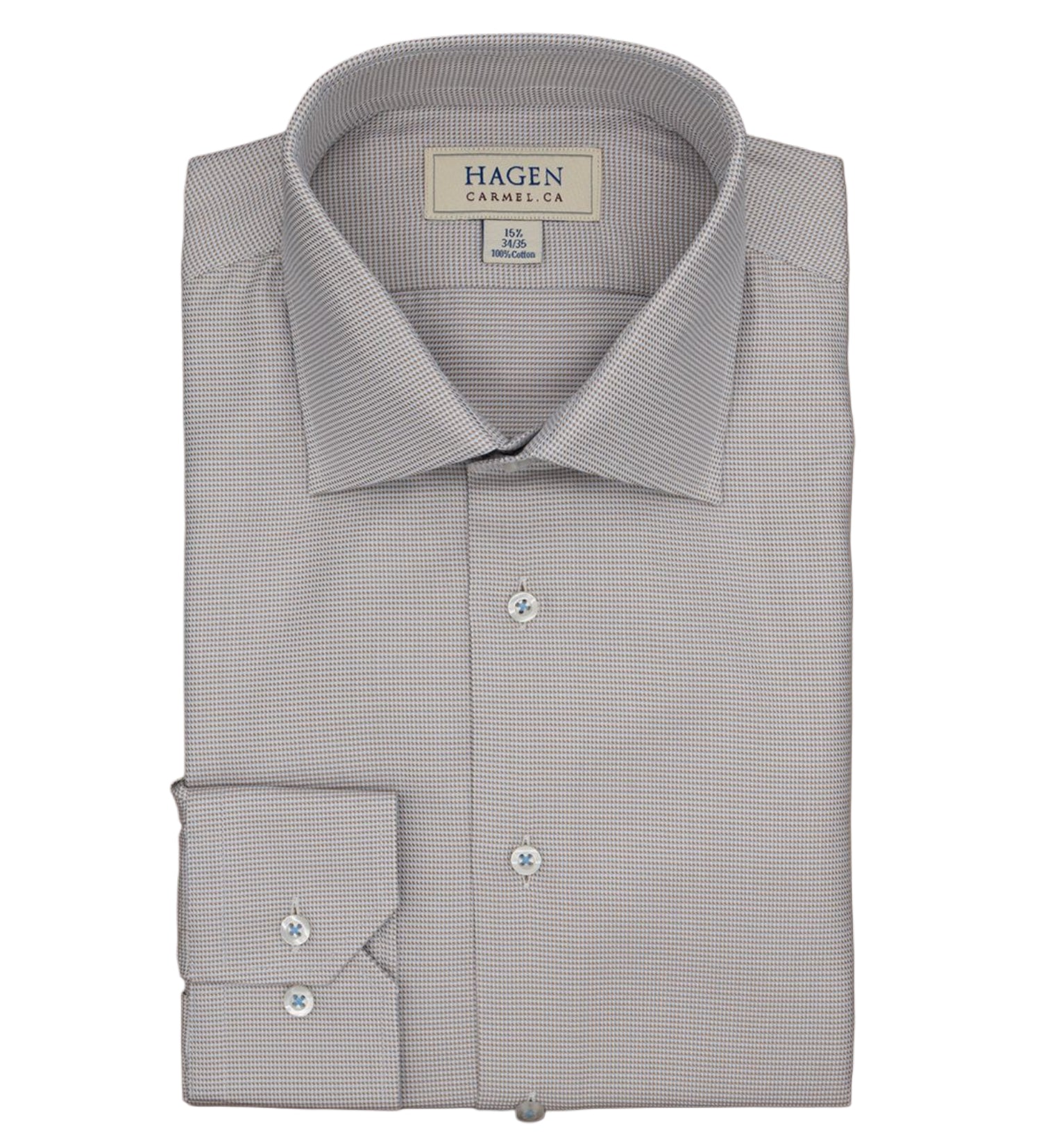 A folded, long-sleeve dress shirt in light gray with a small grid pattern, buttoned at the front and labeled “Hagen” on the inside collar—crafted from premium cotton; this is the Hagen Micro Check Shirt MB5604232, perfect for your formal wardrobe.