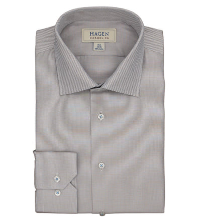A folded, long-sleeve dress shirt in light gray with a small grid pattern, buttoned at the front and labeled “Hagen” on the inside collar—crafted from premium cotton; this is the Hagen Micro Check Shirt MB5604232, perfect for your formal wardrobe.