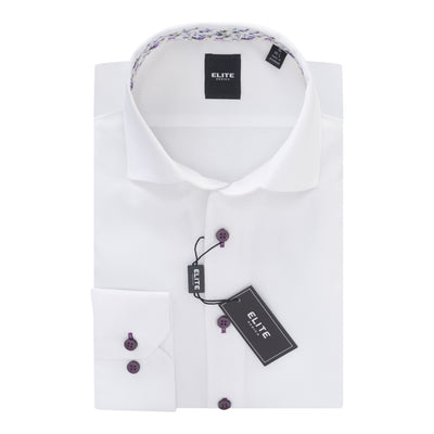 The Elite White Shirt w/Lav EOP2662300 by Elite is a folded slim fit dress shirt in white, featuring purple buttons, ELITE tags, and a patterned detail inside the collar.