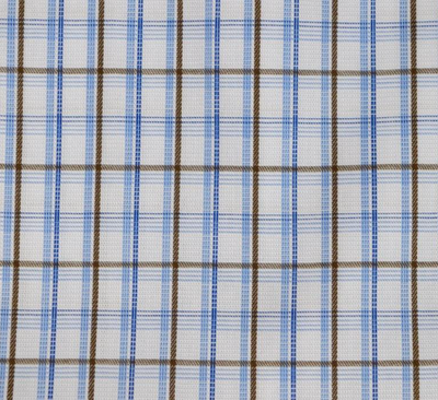 A close-up of the F/X Fusion Big & Tall Men's Check Sport Shirt shows its 100% cotton fabric with intersecting blue and brown lines on a white plaid pattern.