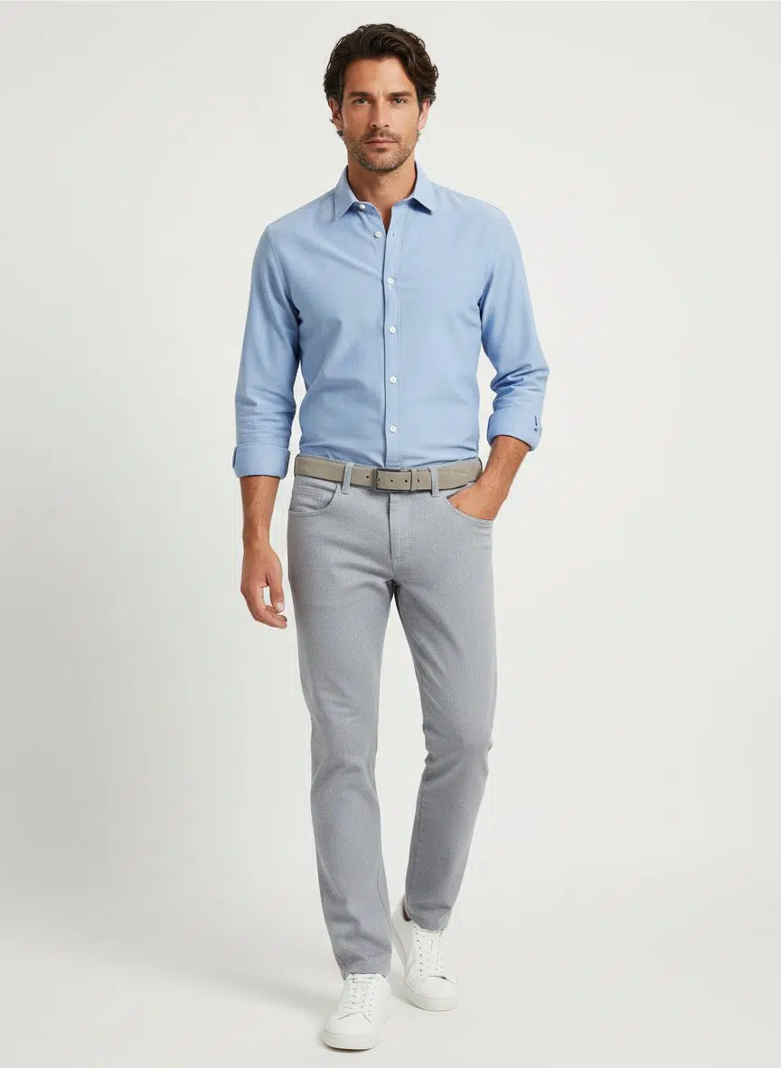 A man stands against a plain background, wearing a light blue button-up shirt, Alberto Stone 1942 Ceramica Big & Tall business casual gray trousers by Alberto, a matching belt, and white sneakers.