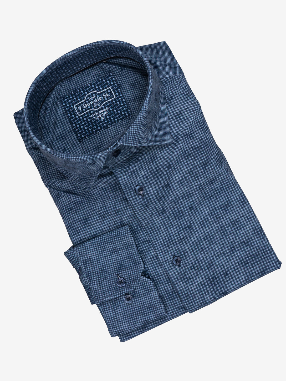 Folded dark blue 7 Downie St. Silktouch Sport Shirt Big & Tall F266 long-sleeve button-down with a subtle red medallion repeating pattern.