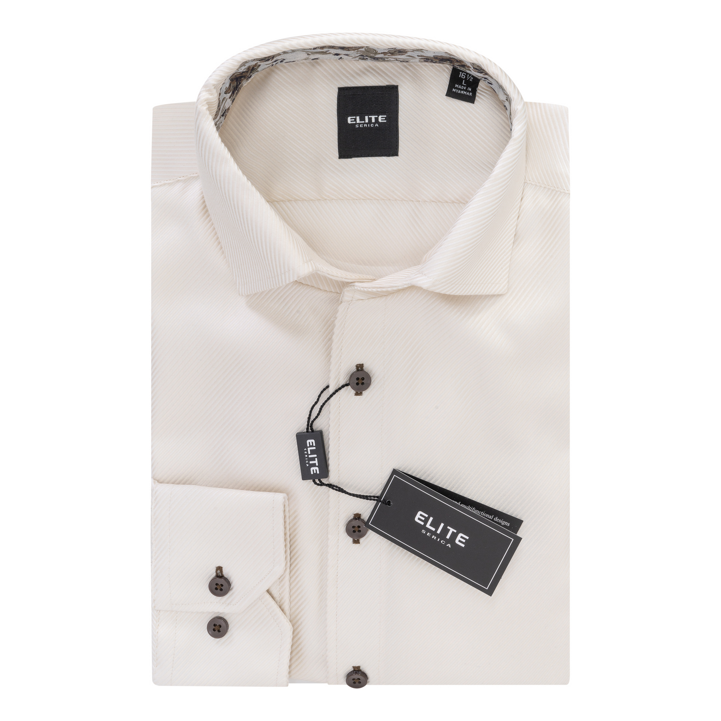 A folded cream Elite Textured Stripe Sport Shirt (ESP2559060) by Elite, made from 100% cotton, is shown with a black brand tag attached on a white background.