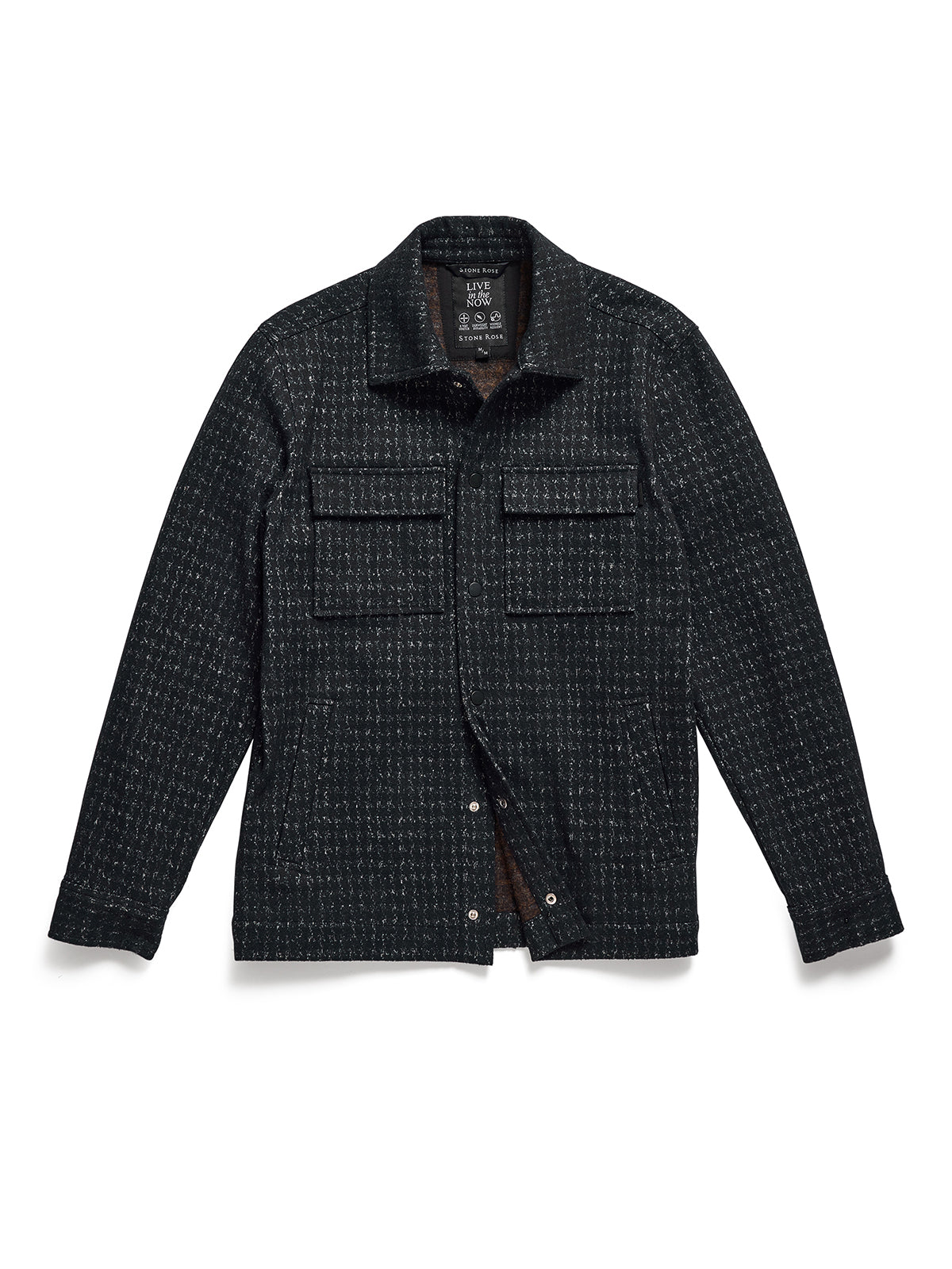 Stone Rose Hunter Knit Houndstooth Jacket in black with two chest flap pockets and snap button closures.