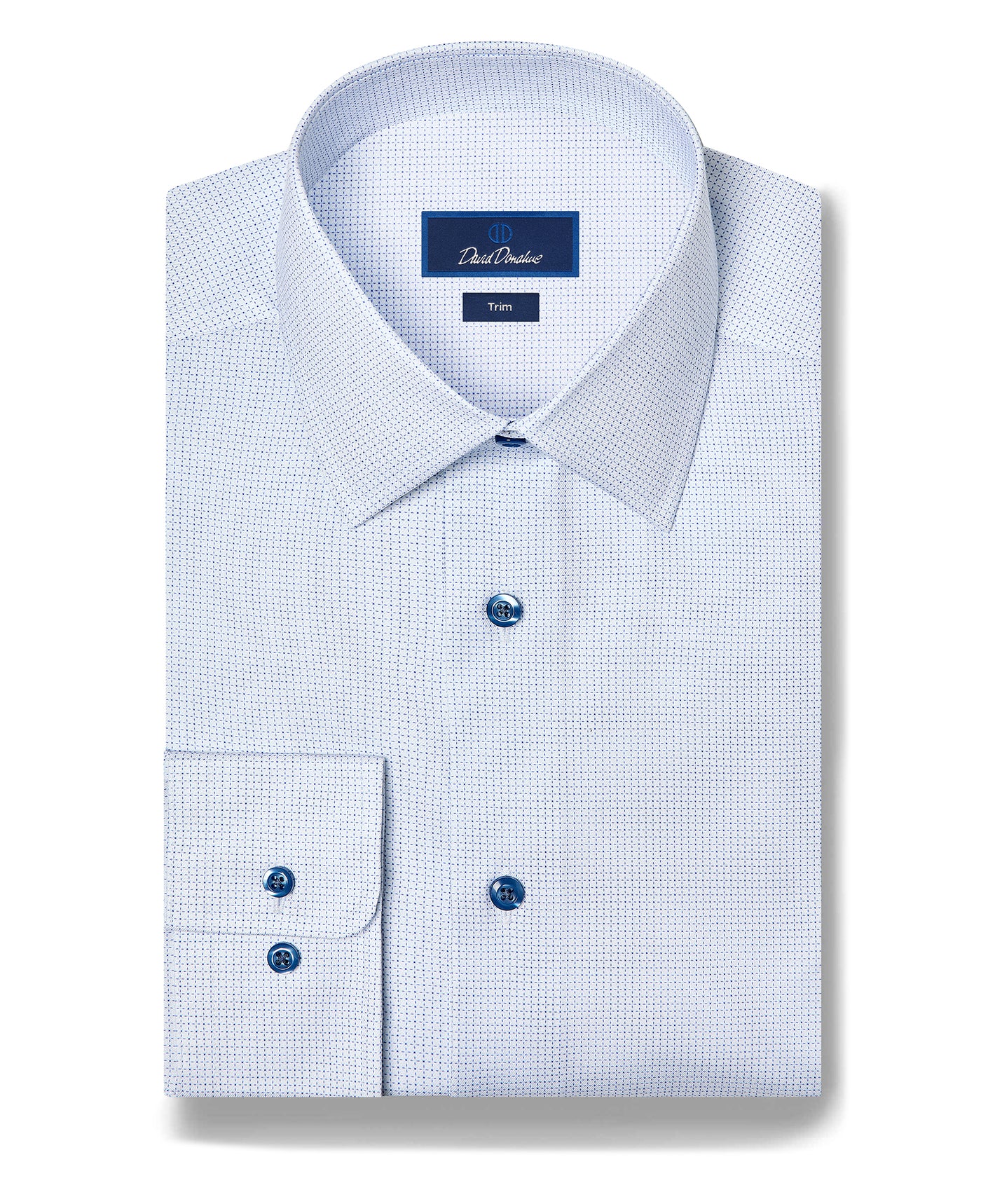 The David Donahue Stretch Pima Dress Shirt TBSP13005 is a folded light blue dress shirt crafted from Pima cotton with a subtle textured pattern, featuring blue buttons and a slim fit label.
