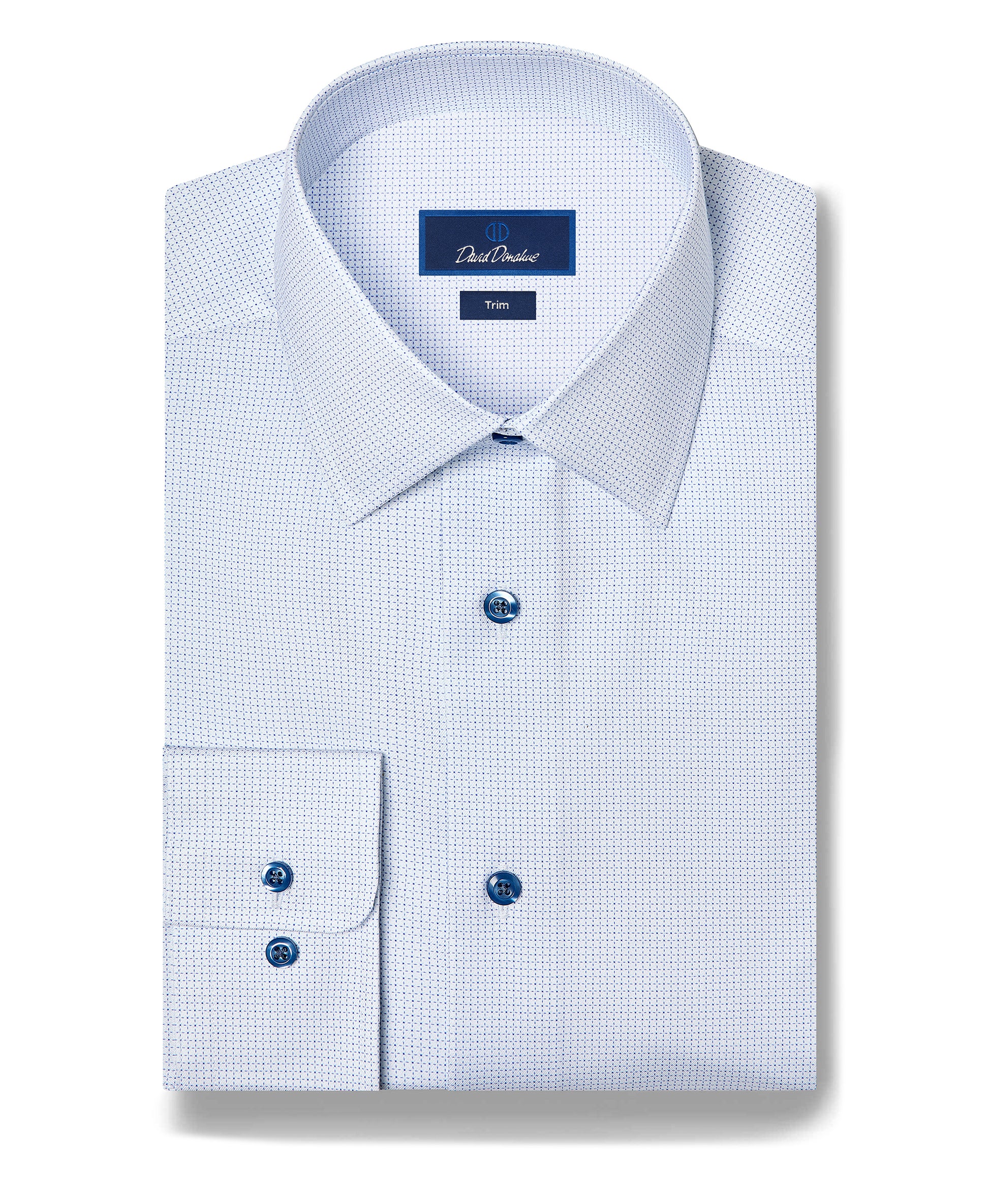 The David Donahue Stretch Pima Dress Shirt TBSP13005 is a folded light blue dress shirt crafted from Pima cotton with a subtle textured pattern, featuring blue buttons and a slim fit label.