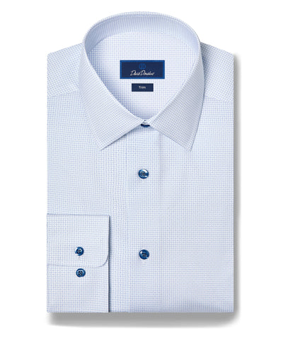 The David Donahue Stretch Pima Dress Shirt TBSP13005 is a folded light blue dress shirt crafted from Pima cotton with a subtle textured pattern, featuring blue buttons and a slim fit label.