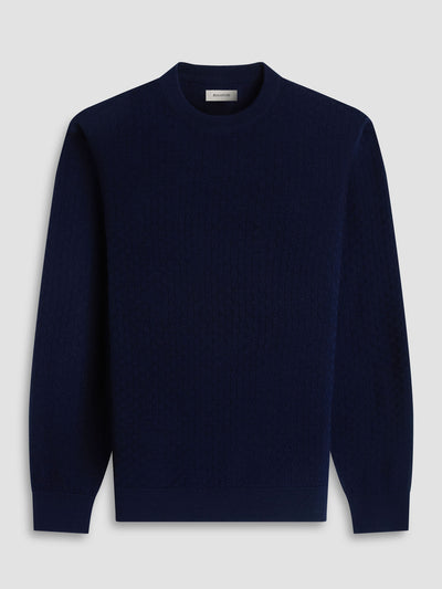 The Bugatchi Basketweave Crew Neck Sweater HH202CN1 by Bugatchi is a navy blue, long-sleeve lightweight Merino wool sweater with a basketweave knit, shown against a light gray background.