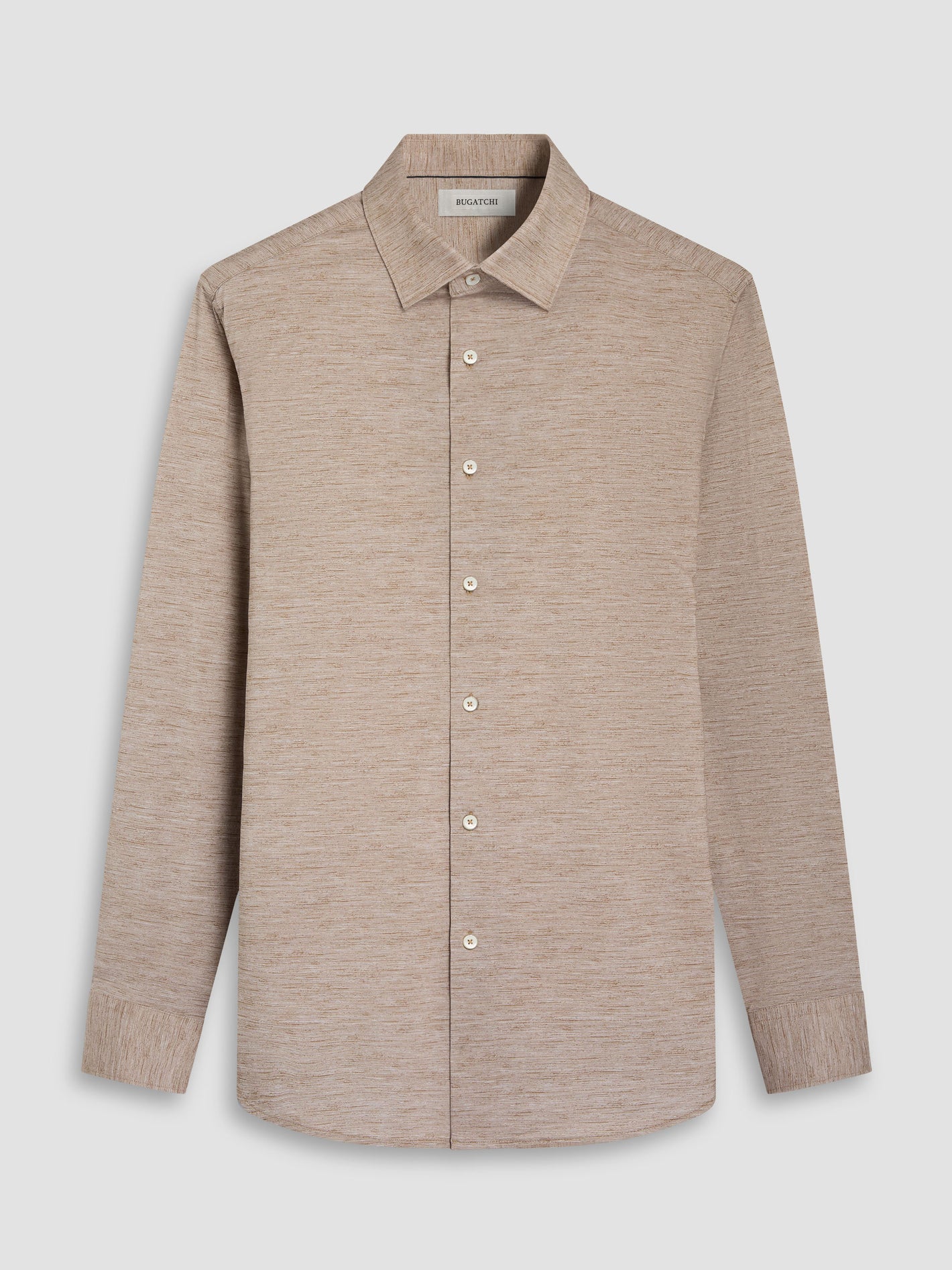 The Bugatchi James Long Sleeve Shirt HF9505K60 features a beige hue, classic collar, and button-up design, crafted from fine Italian fabrics. Displayed on a white background, this Bugatchi shirt embodies timeless elegance in premium menswear.