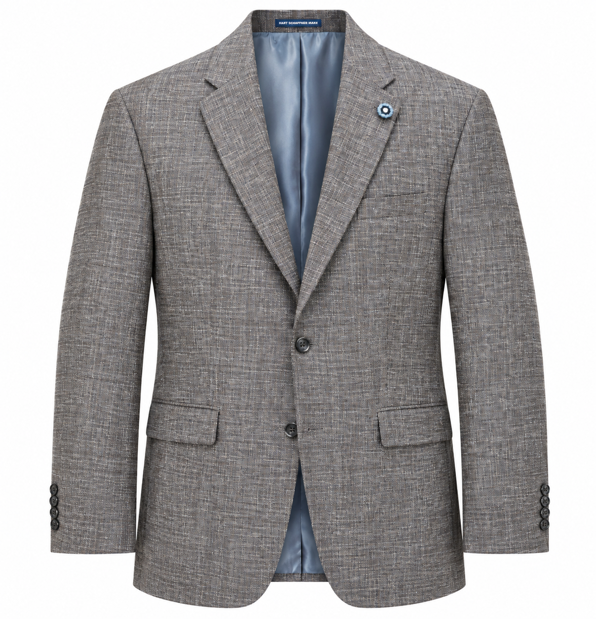 The Hart Schaffner Marx Grey and Brown New York Sport Coat 3900010 features a textured gray fabric with a notched lapel, two-button closure, two front flap pockets, and a chest pocket, showcased on a white background.