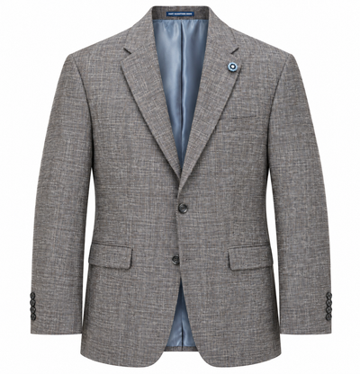 The Hart Schaffner Marx Grey and Brown New York Sport Coat 3900010 features a textured gray fabric with a notched lapel, two-button closure, two front flap pockets, and a chest pocket, showcased on a white background.