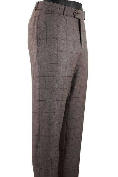 The Ballin M5316 Soho Window Pane Trousers by Ballin feature a brown plaid serge fabric with checked pattern, pleats, side pockets, and belt loops, displayed on a mannequin from a side view.