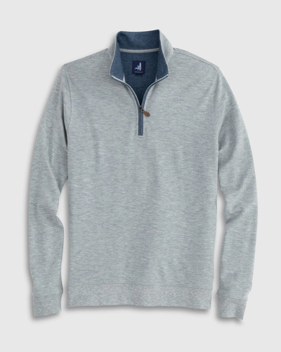 The Johnnie-O Sweater SULLY 1/4 Zip is a light gray men's cotton-blend pullover with a navy inner collar and a small round brown zipper pull, displayed flat on a white background.