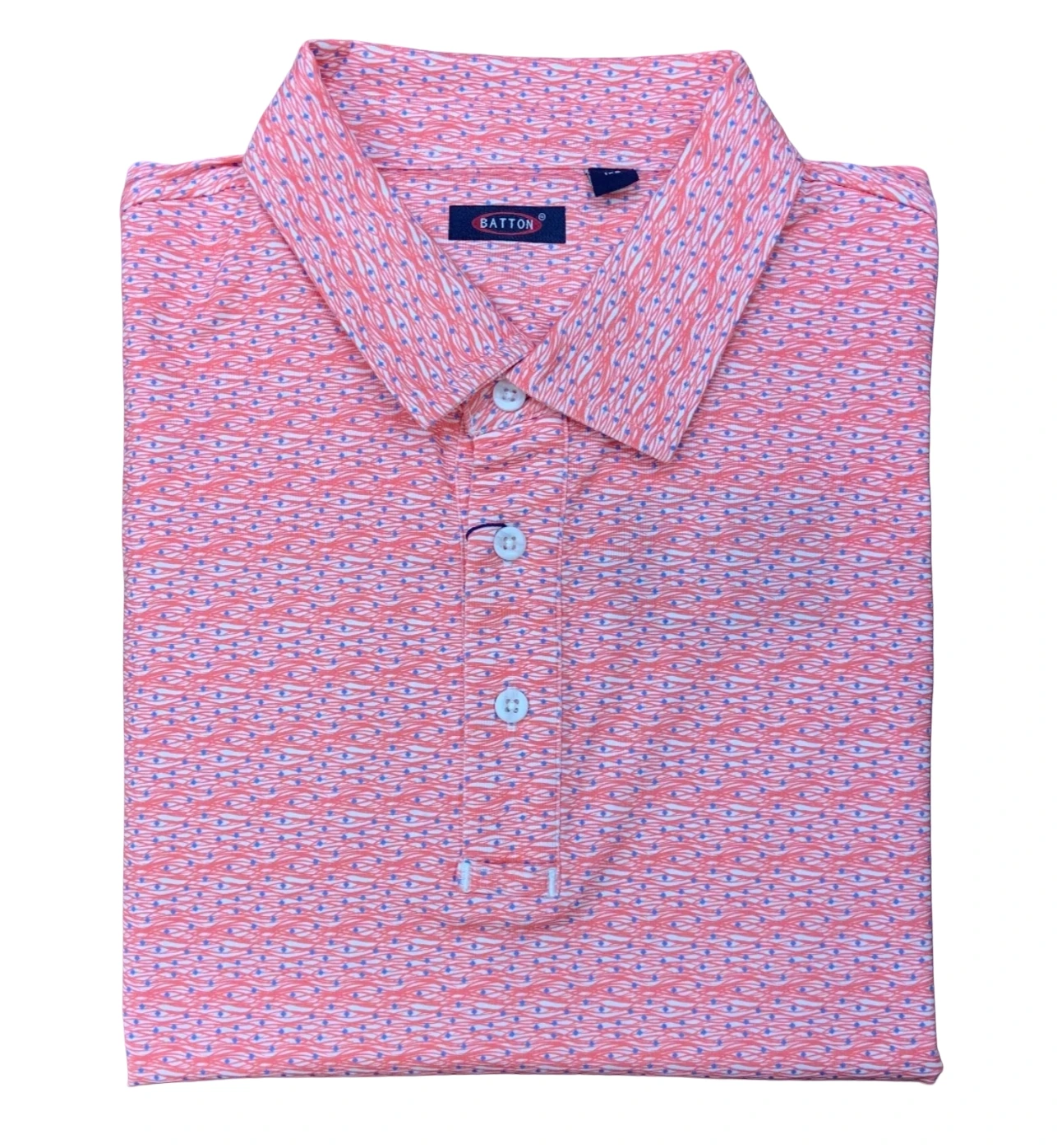 The Batton Dennis Polo Big & Tall 6101-78 SS by Batton is a folded pink patterned polo shirt with a collar and three white buttons, made of moisture-wicking fabric, displayed against a white background.