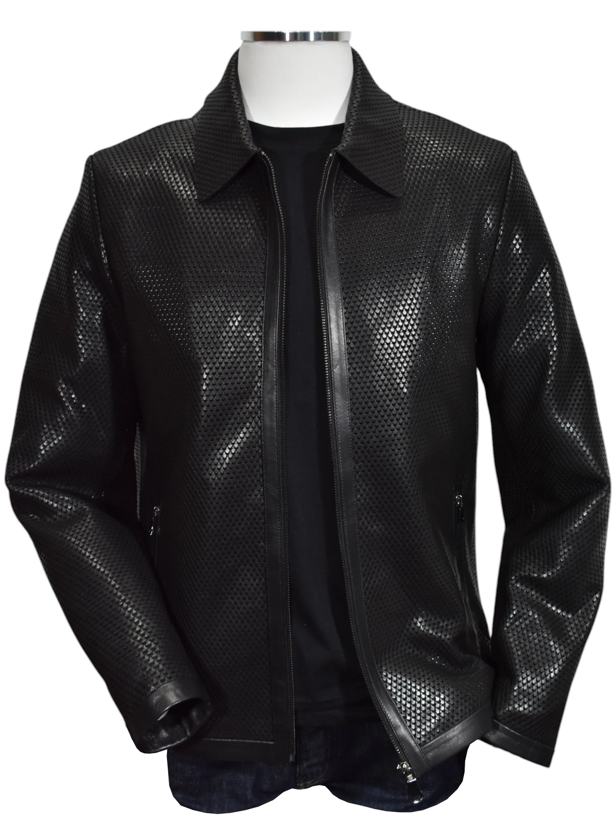 Marcello Python Stamped Nappa Leather Jacket J232 in black, featuring a textured, snakeskin-patterned surface and a front zipper.