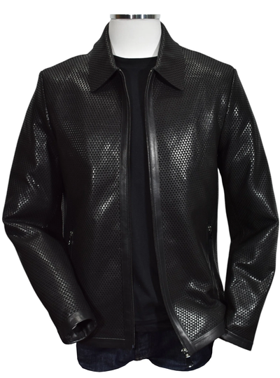Marcello Python Stamped Nappa Leather Jacket J232 in black, featuring a textured, snakeskin-patterned surface and a front zipper.