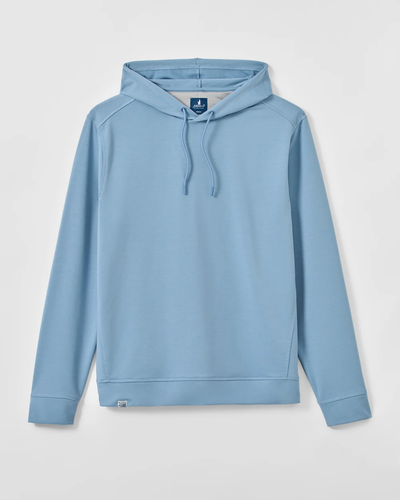 The Johnnie-O Willard Performance Hoodie Big & Tall by Johnnie-O is a light blue, long-sleeve athletic-fit hoodie featuring a front pouch pocket and drawstring hood, displayed against a plain white background.