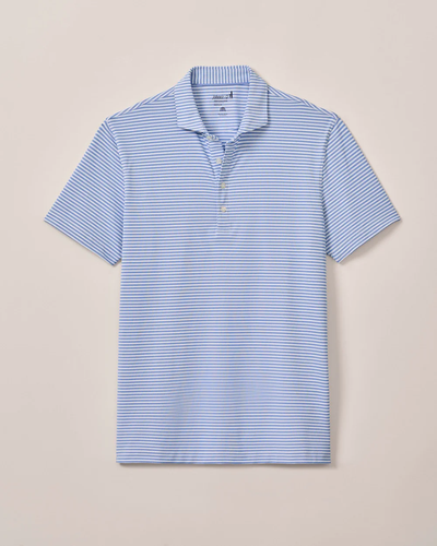 The Johnnie-O Performance Polo- Stetsons by Johnnie-O is a light blue and white striped, lightweight jersey polo with a collar, three buttons, and UPF 50 sun protection, shown laid flat on a neutral background.