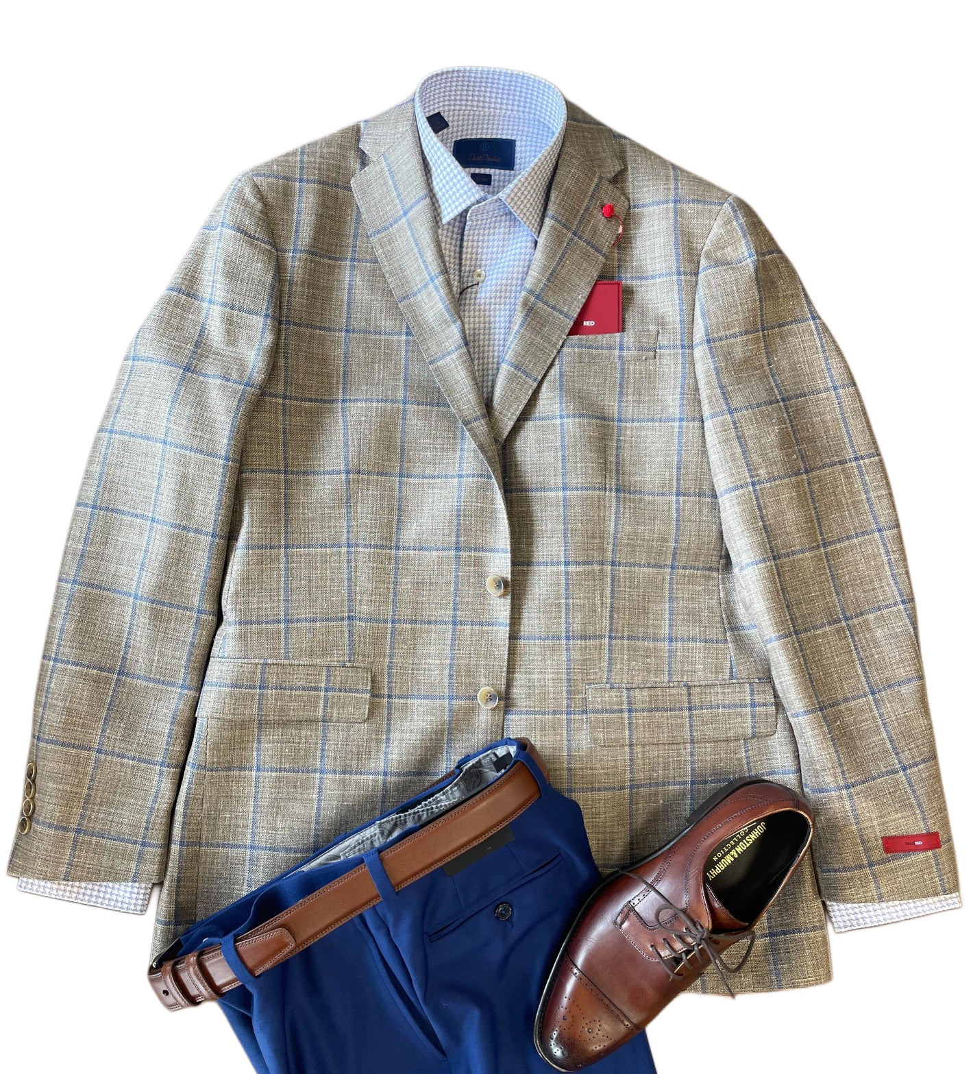 The TailoRed Gildo Sport Coat 88P0115, a beige plaid wool-silk-linen blend men's blazer, is styled over a light blue checkered shirt with blue trousers, a brown belt, and brown dress shoes.