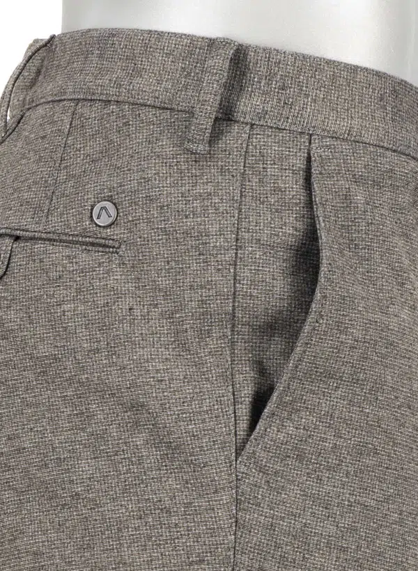Close-up of taupe melange textured trousers, showing a front pocket, belt loop, and button detail near the waistband—these Alberto Pipe Taupe Melange Pant 1643 from Alberto feature a modern fit and are crafted in comfortable jersey fabric for effortless style.