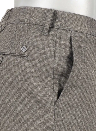 Close-up of taupe melange textured trousers, showing a front pocket, belt loop, and button detail near the waistband—these Alberto Pipe Taupe Melange Pant 1643 from Alberto feature a modern fit and are crafted in comfortable jersey fabric for effortless style.