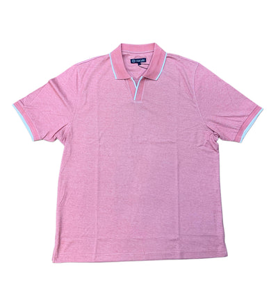 The Marcello Polo P-229 by Marcello is a light pink open-collar polo shirt with white trim on the sleeves and collar, made from a soft cotton-poly-viscose blend and displayed flat on a white background.