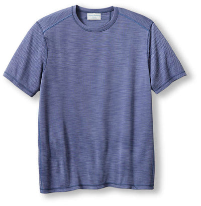 The Tommy Bahama Paradise Isles Tee is a short-sleeve, crew neck t-shirt in muted blue with subtle horizontal stripes, shown laid flat on a white background.