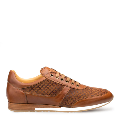 The Mezlan Maxim Dress Sneaker by Mezlan features brown lace-up styling, a patterned fabric side panel, embossed suede and leather accents, and a flat rubber sole. Shown in profile on white, this shoe is expertly handmade in Spain for quality and style.