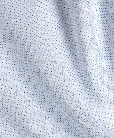Close-up of the David Donahue Stretch Pima Dress Shirt (TBSP13005) by David Donahue, featuring soft white fabric with a repeating small blue dotted pattern, gentle folds, and a smooth texture characteristic of premium Pima cotton.