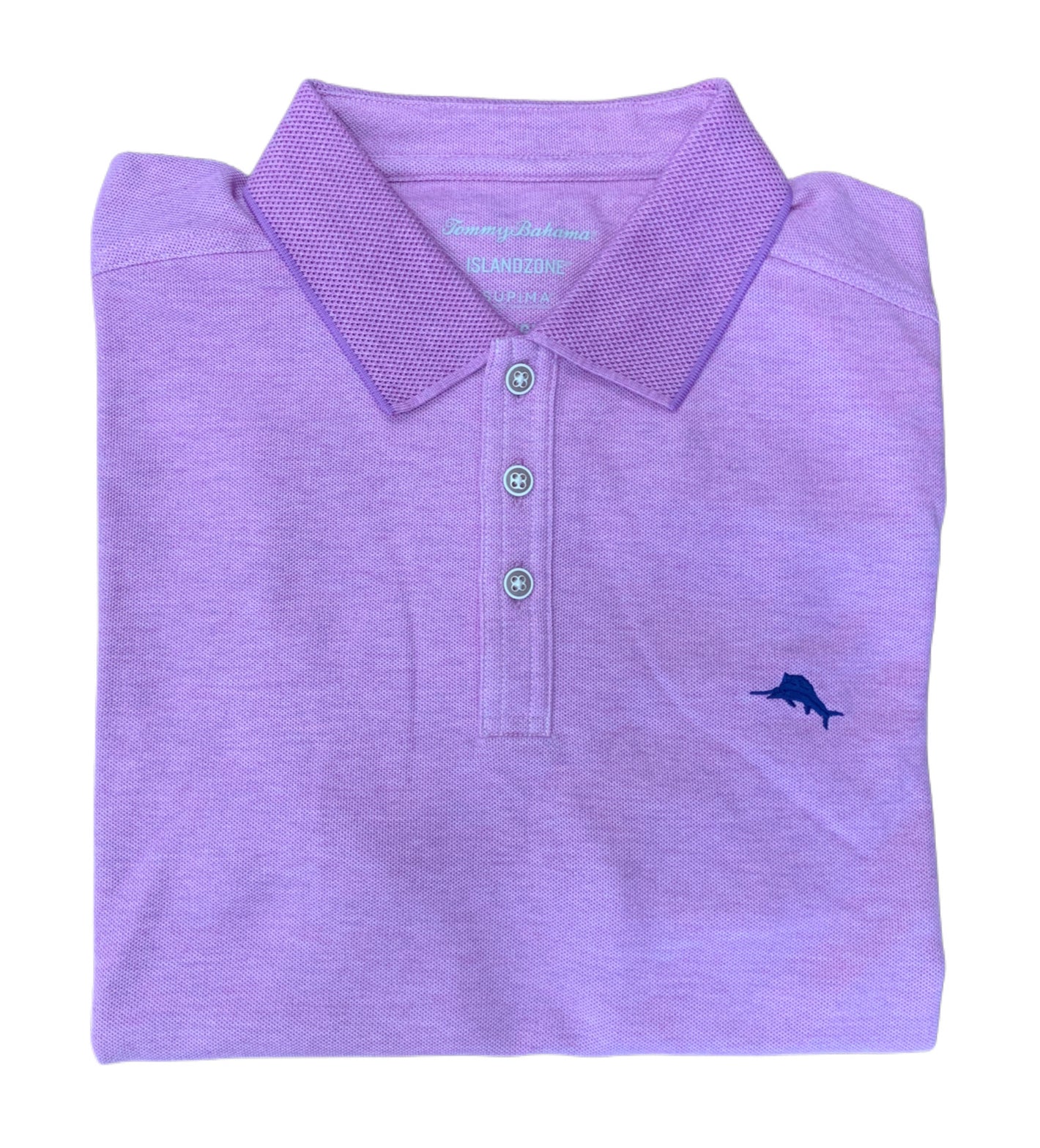 A folded Tommy Bahama Emfielder Island Zone Polo Big & Tall in lavender, featuring a collar, three buttons, and a blue marlin logo on the chest, made from moisture-wicking Supima cotton for comfort.