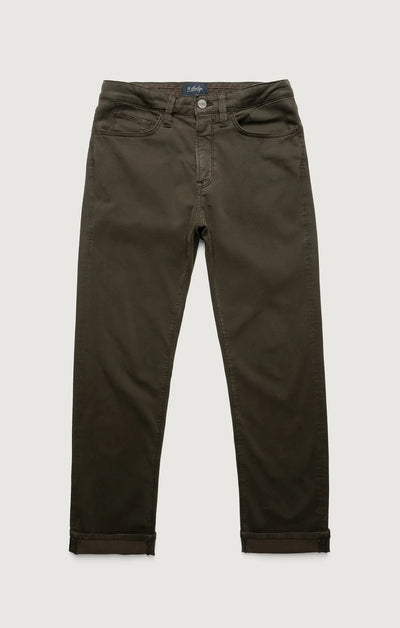 34 Heritage Courage Twill Straight Leg Pants in dark olive cactus green, with button and zip fly, five pockets, and rolled cuffs by 34 Heritage, shown laid flat on a white background.