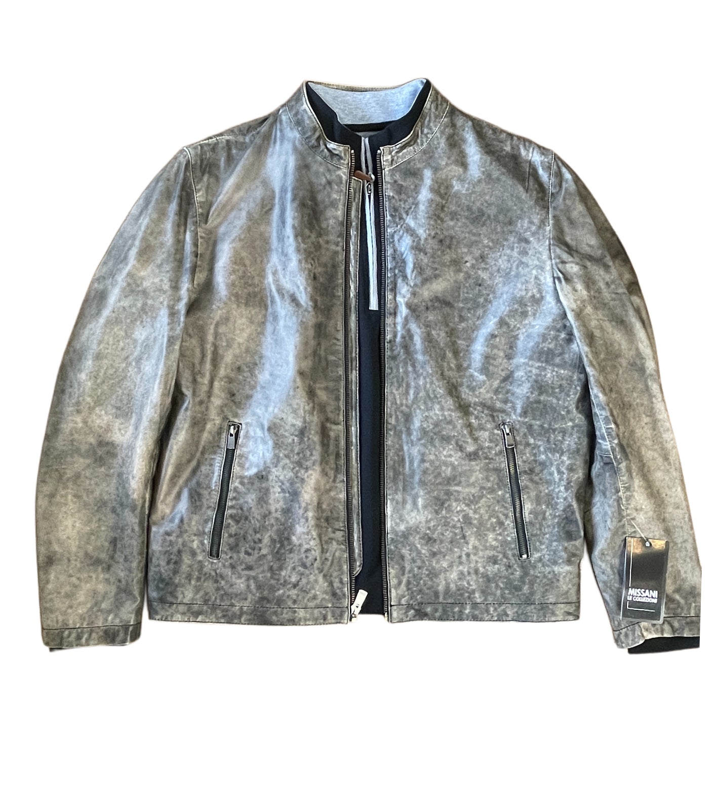 The Missani Leather Jacket 396163 by Missani is a gray distressed motorcross leather jacket with a front zipper, two zippered side pockets, and a tag on the left sleeve, shown on a white background.