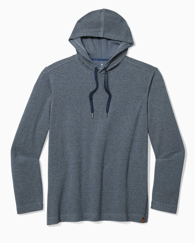 Tommy Bahama Fireside Coast Hoodie Big & Tall long-sleeve hooded pullover in a dark blue textured knit with a drawstring hood.