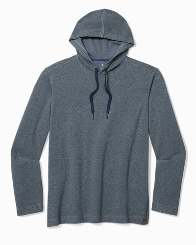 Tommy Bahama Fireside Coast Hoodie Big & Tall long-sleeve hooded pullover in a dark blue textured knit with a drawstring hood.