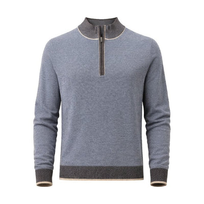 The F/X Fusion 1/4 Zip Big & Tall Sweater 10067 is a light blue, long-sleeve quarter zip sweater featuring a dark gray collar, cuffs, and hem. Displayed on a white background, this birdseye knit sweater by F/X Fusion delivers both style and comfort—ideal for cooler days.