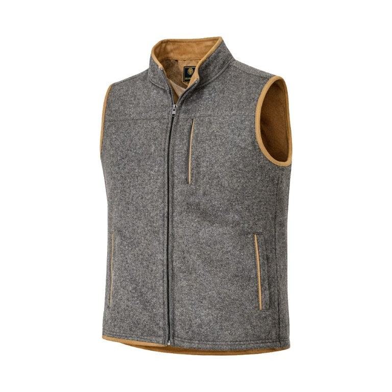 Introducing the F/X Fusion Melton Vest Big & Tall 13010 by F/X Fusion—a gray sleeveless melange fleece vest featuring a front zipper, two side pockets, one chest pocket, and taupe marl suedette trim lining around the collar and armholes.
