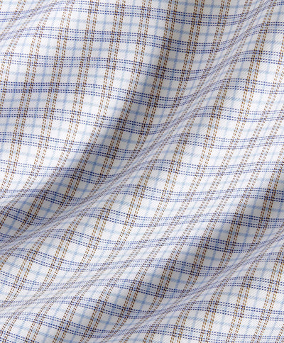 Close-up of the David Donahue Plaid Dress Shirt TBSP11806, featuring light blue, brown, and white plaid with a textured grid pattern; softly draped folds emphasize its comfort and quality.