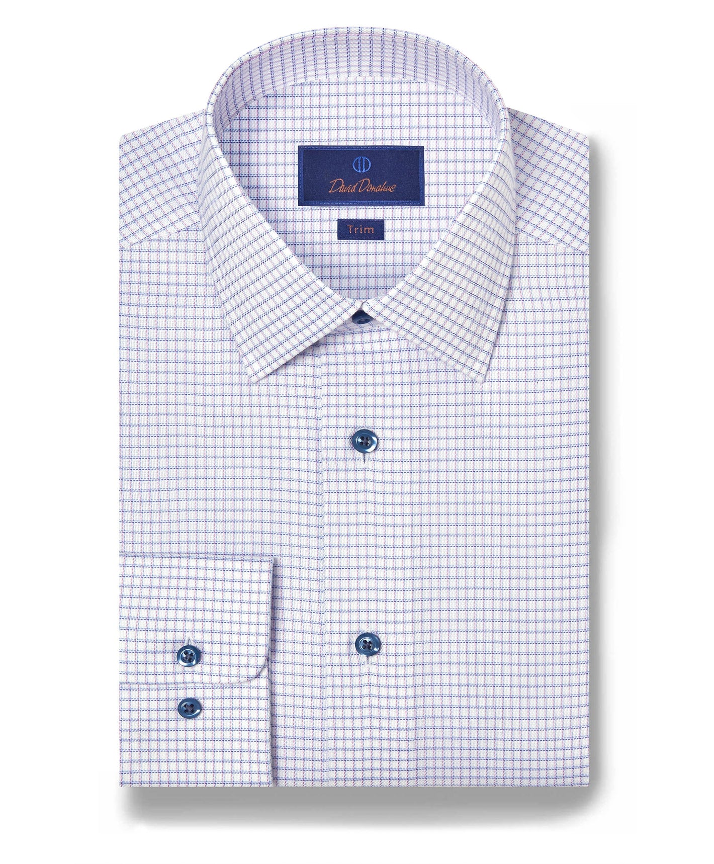 The David Donahue OP Check Dress Shirt (TBSP12821144) features a small blue and purple check pattern, blue buttons, and a “Trim” label. It is neatly folded for a polished look.