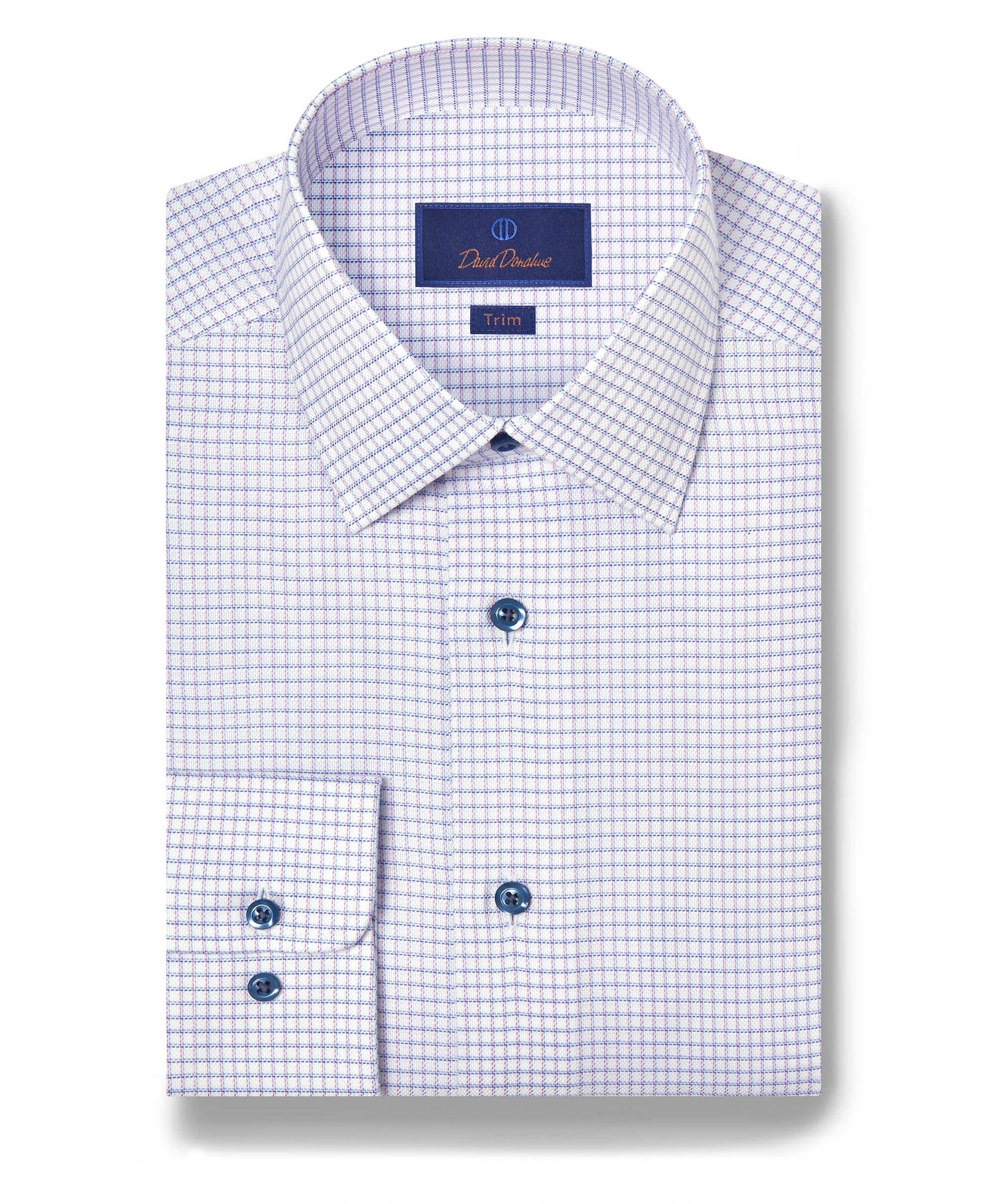 The David Donahue OP Check Dress Shirt (TBSP12821144) features a small blue and purple check pattern, blue buttons, and a “Trim” label. It is neatly folded for a polished look.