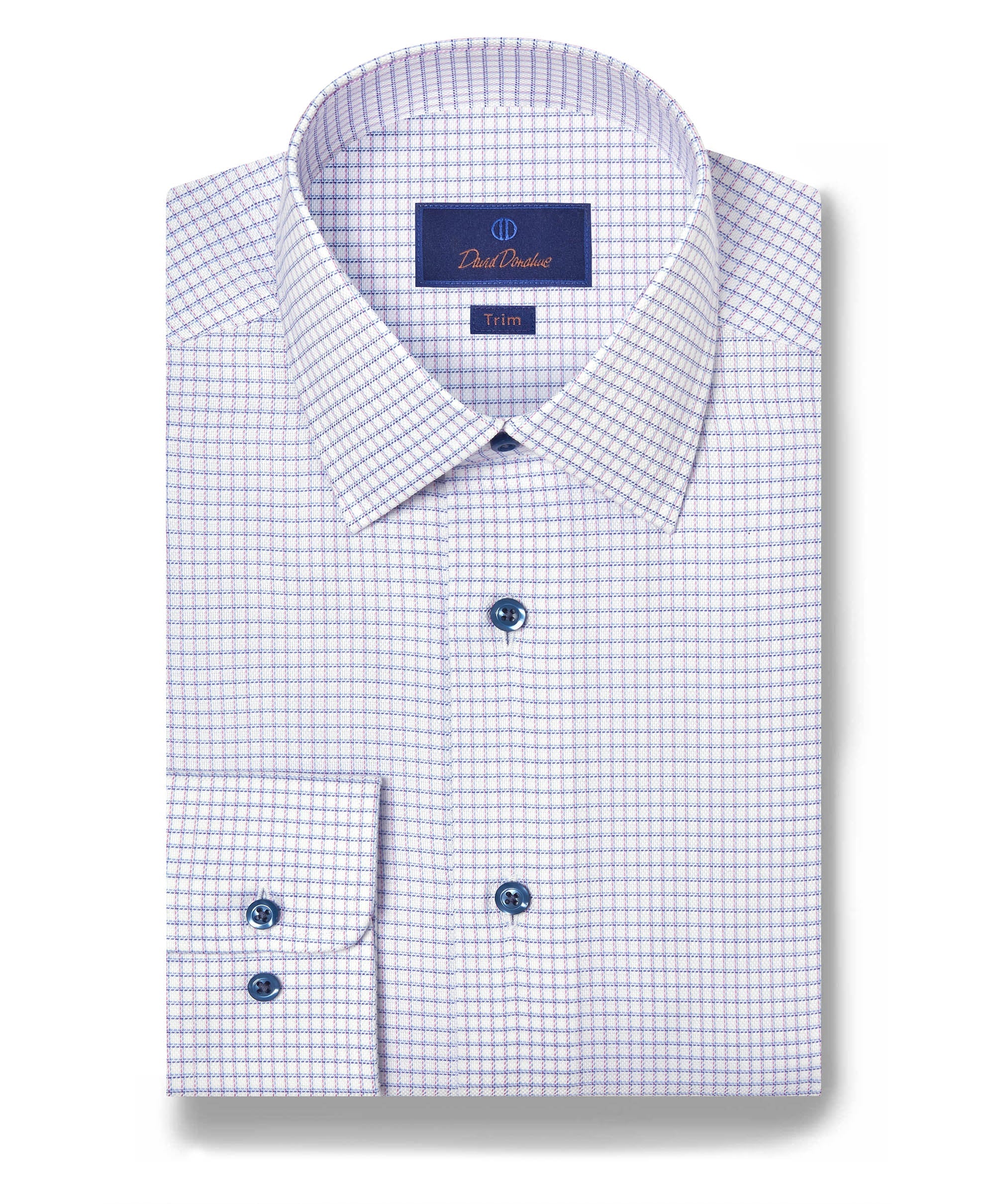 The David Donahue OP Check Dress Shirt (TBSP12821144) features a small blue and purple check pattern, blue buttons, and a “Trim” label. It is neatly folded for a polished look.